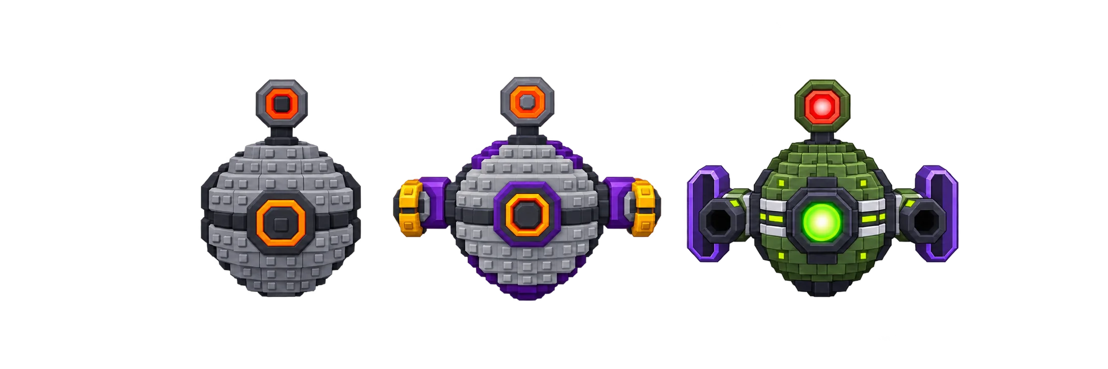 Dr. Scrambleイベントのドローン3種。左からScrap Drone、Reactor Drone、Augmented Droneの再描画