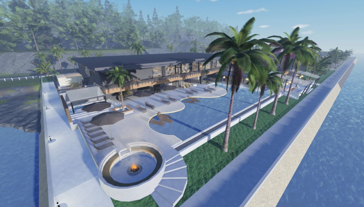 L’isola THE BIRDのRoblox空間。海辺のプールと建物